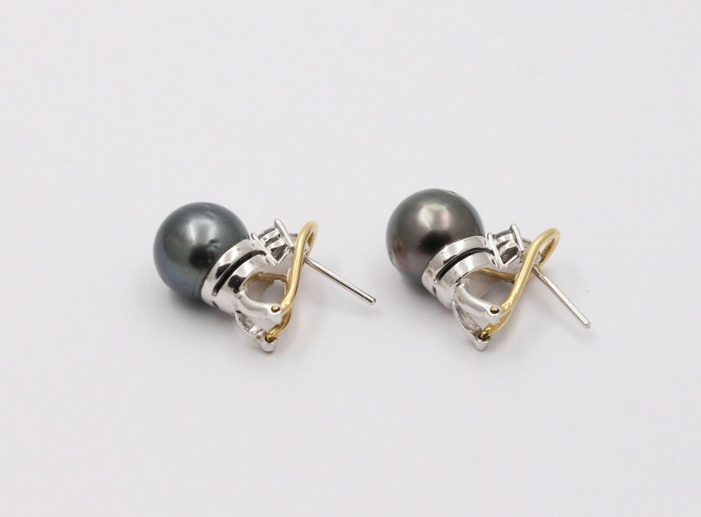 Lovely Tahitian Pearl Diamonds 18K White Yellow Gold Vintage Earrings