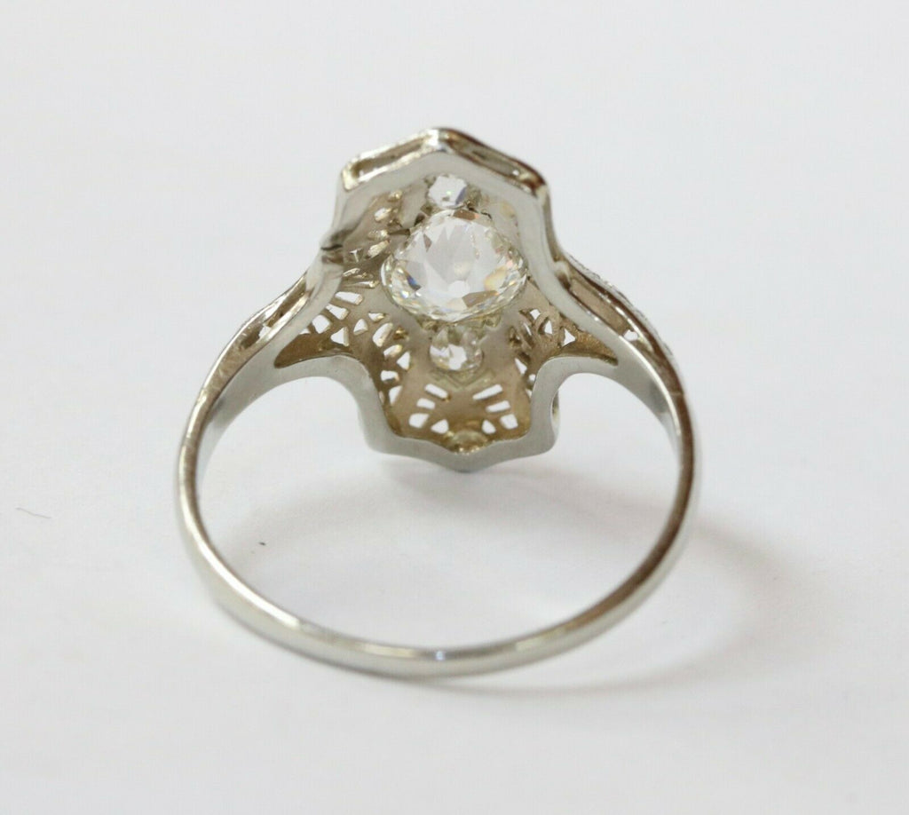 Stunning Art Deco 18K White Gold Filigree Three Diamonds Shield Ring