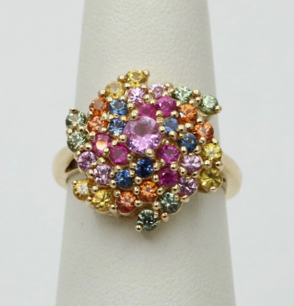 Lovely Vintage 14K Gold Multi Color Sapphire Swirling Ring.