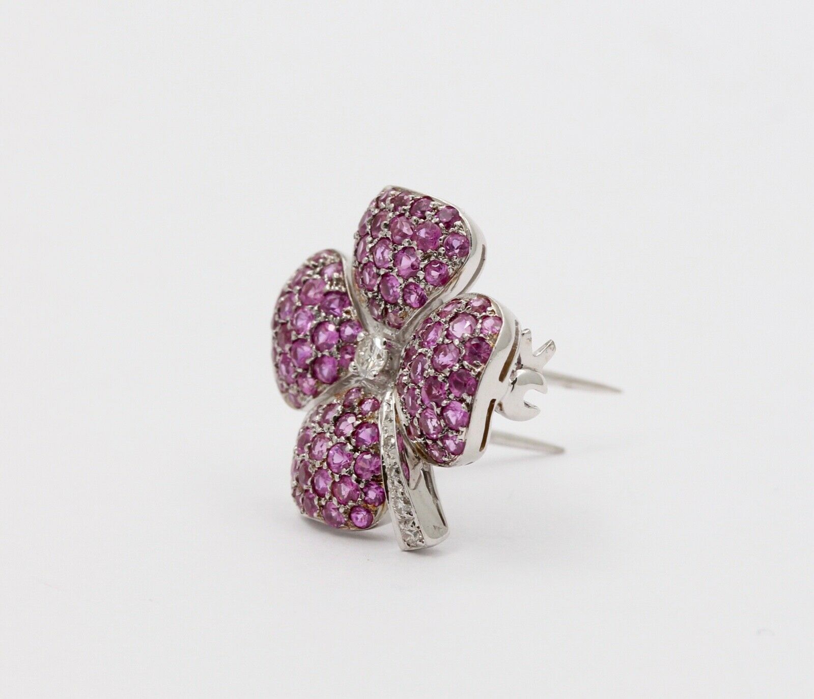 Vintage Four Leaf Clover Rubies Diamonds 14K White Gold Pendant Brooch Pin
