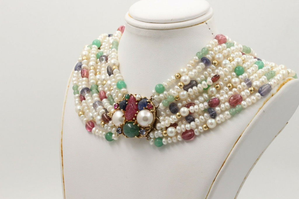 Vintage Beaded Pearl, Ruby, Sapphire and Aventurine Multi Strings Necklace
