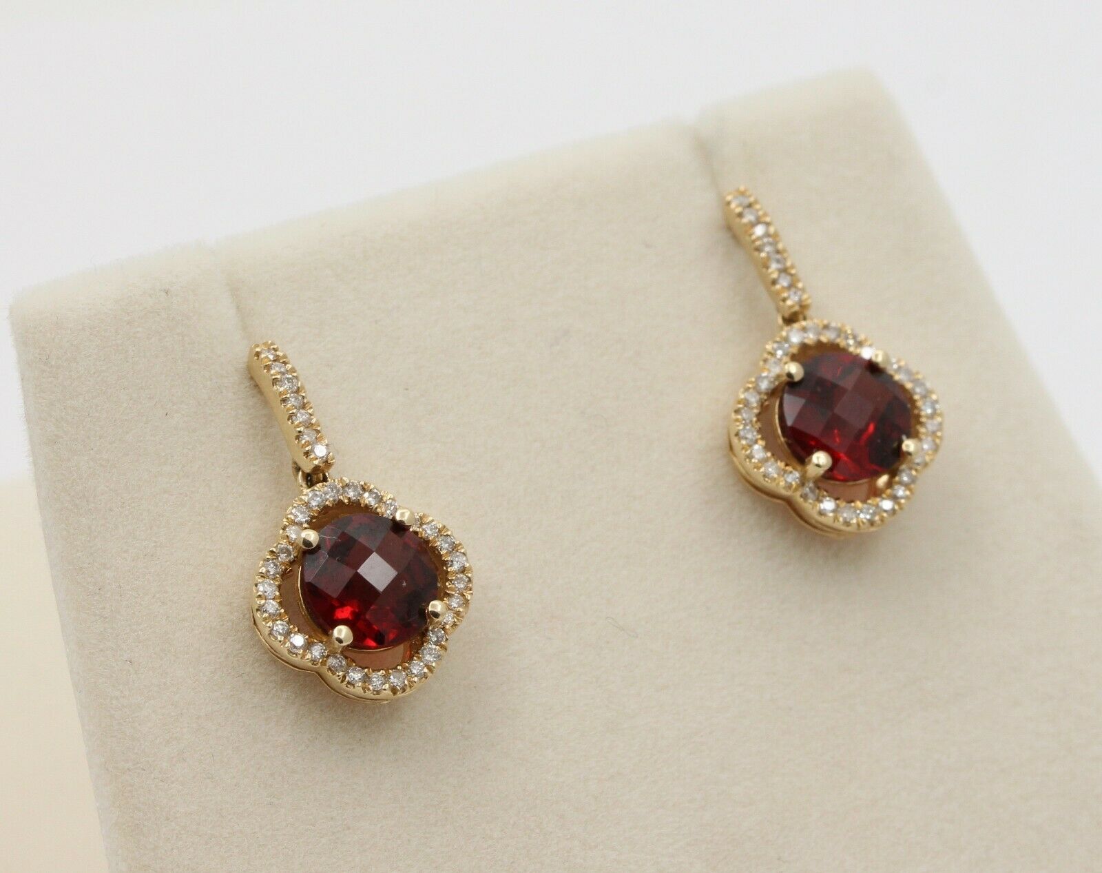 Vintage 14K Yellow Gold Alhambra Style Diamond Garnet Drop Earrings