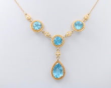 Load image into Gallery viewer, Vintage 14K Yellow Gold Teardrop Blue Zircon Festoon Necklace. Negligee Necklace
