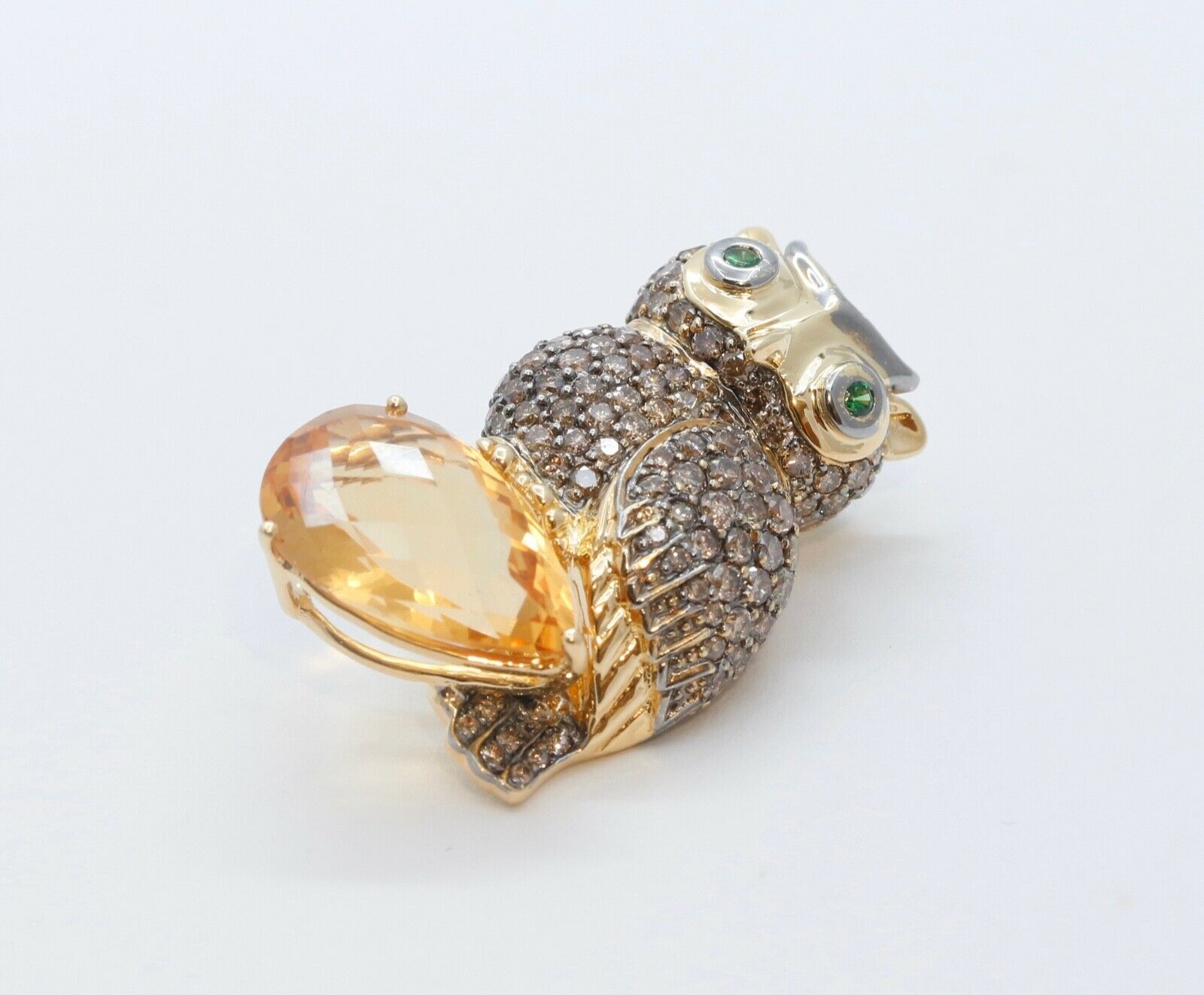 Vintage Owl Pendant 18K Yellow White Gold Citrine Diamonds Emeralds