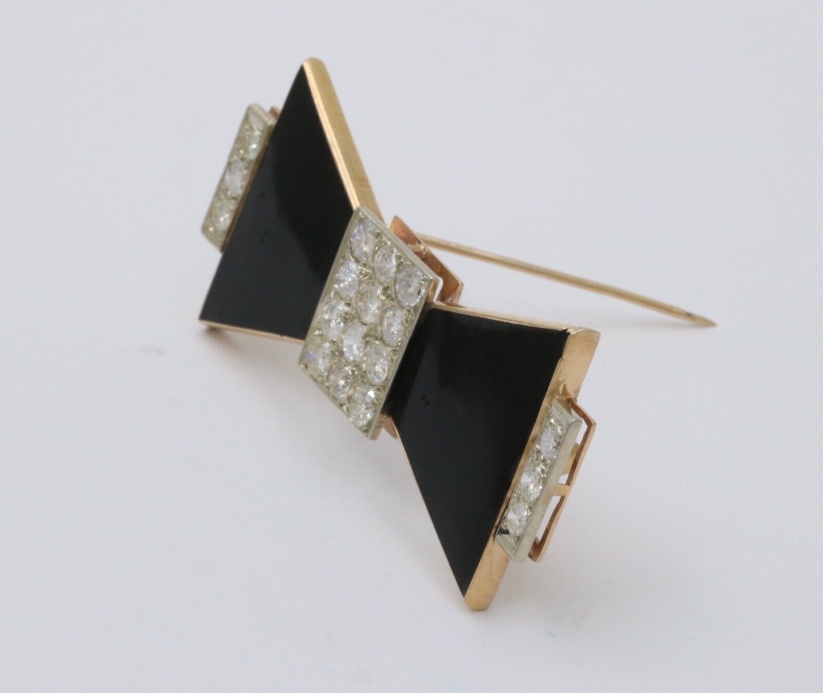 Vintage 14K Yellow Gold Onyx & Diamond Bow Tie Brooch.