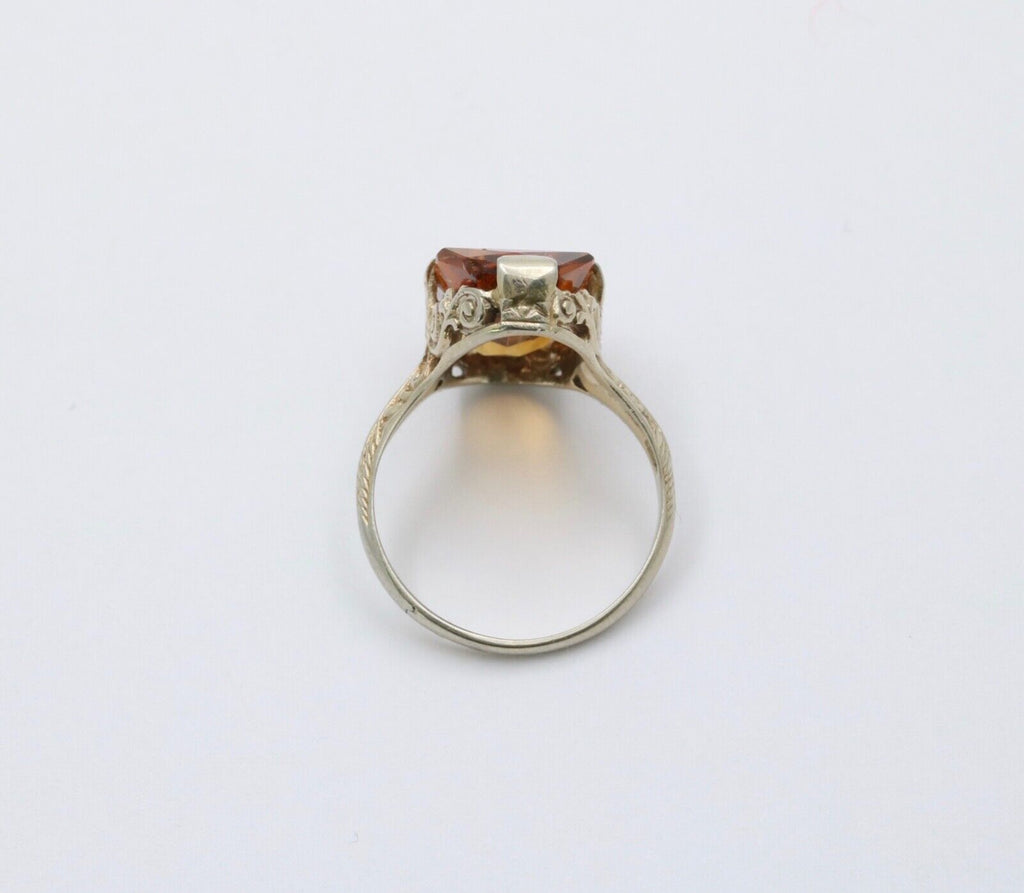 Antique Art Deco Citrine 14K White Gold Filigree Ring, Statement Ring