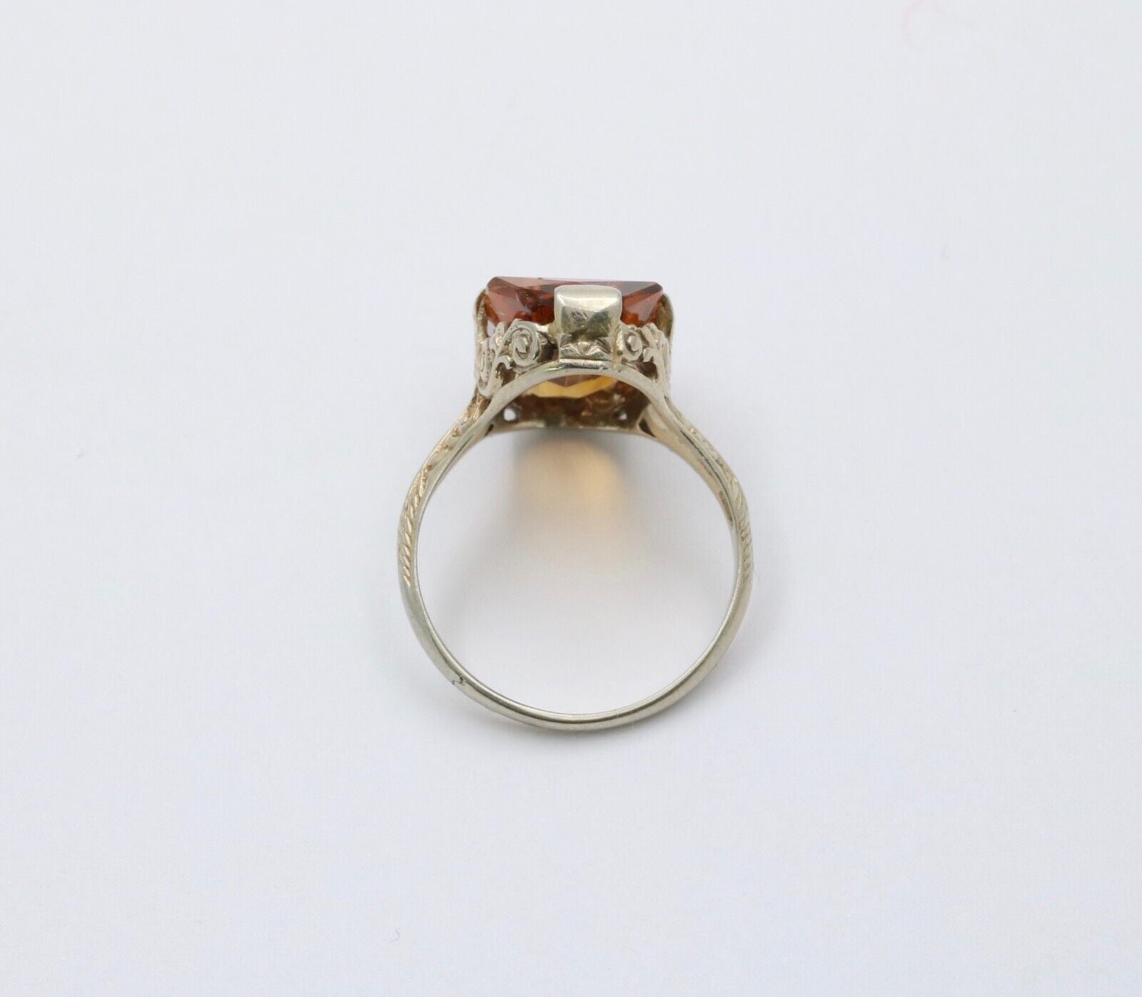 Antique Art Deco Citrine 14K White Gold Filigree Ring, Statement Ring