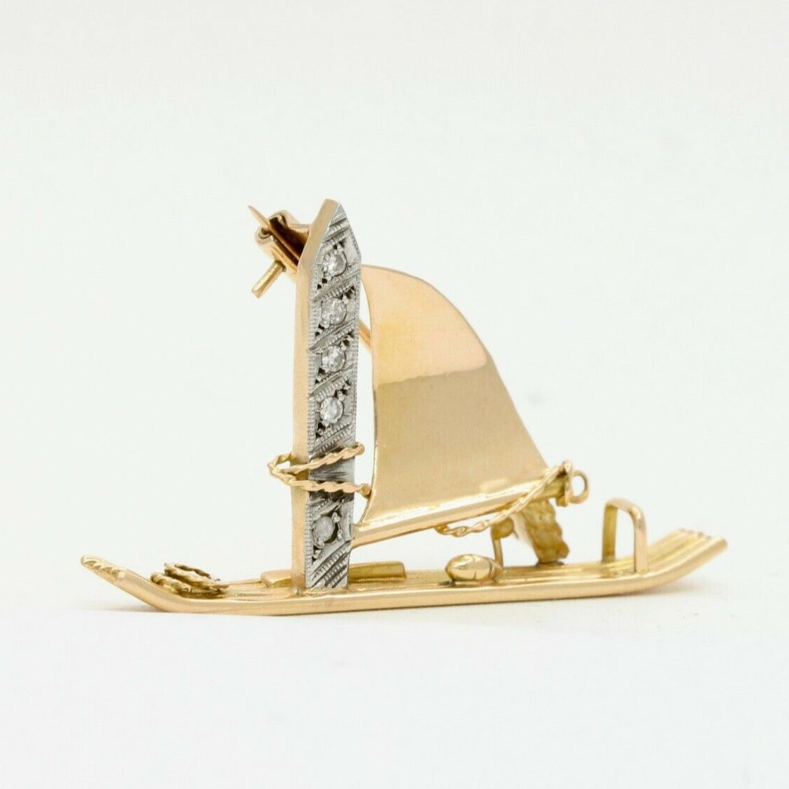 Vintage 14k Yellow Gold Diamond SailBoat Brooch