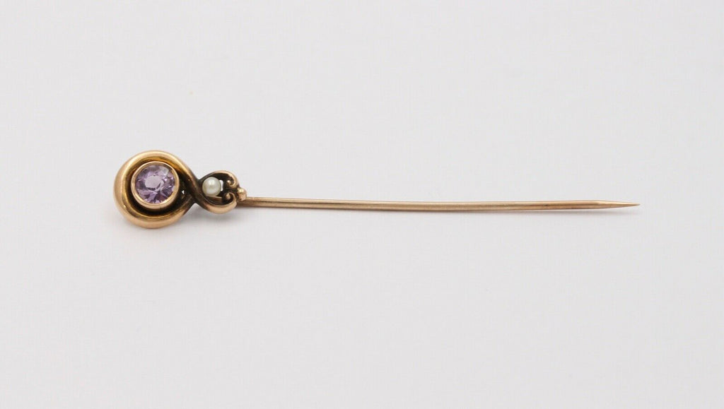 Victorian 14K Yellow Gold Amethyst Pearl Stick Pin