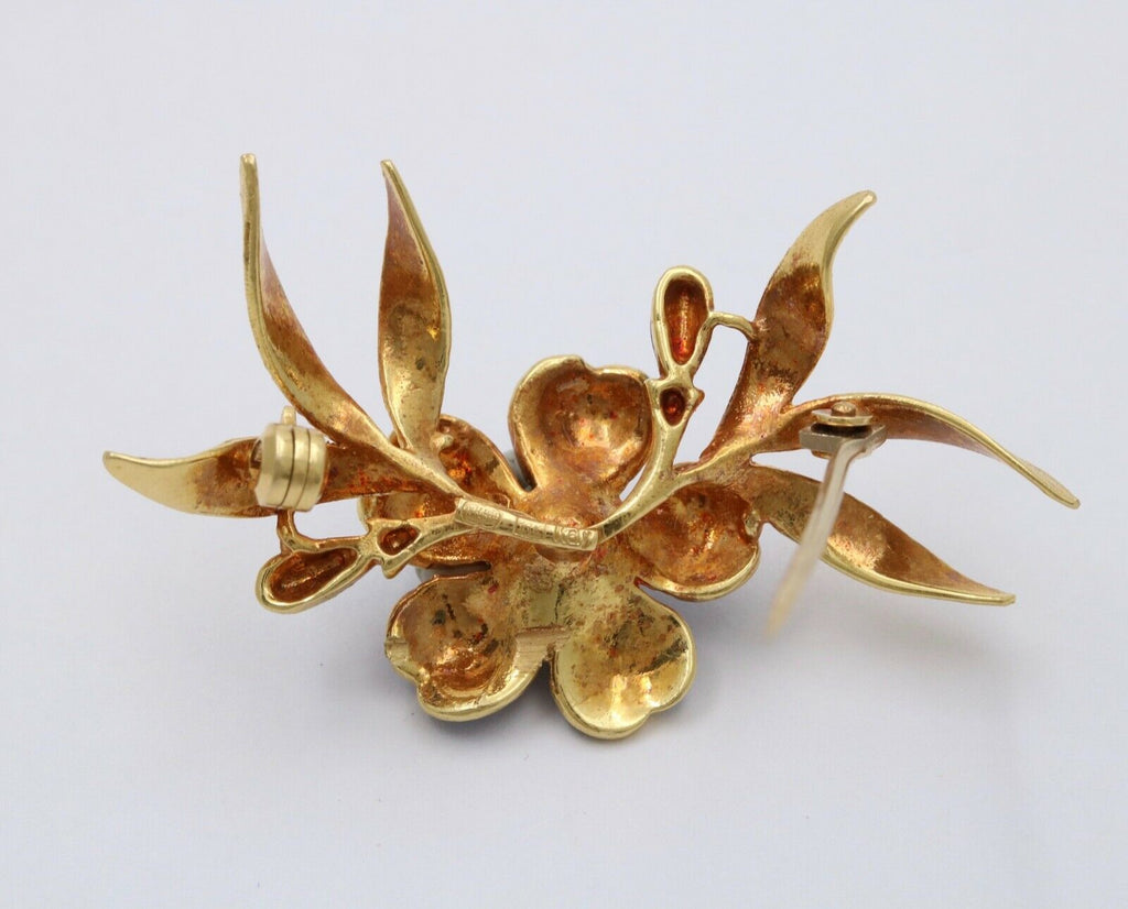 Vintage UNO A ERRE 18K Yellow Gold Blue Enamel Flower Brooch Pin Estate Jewelry