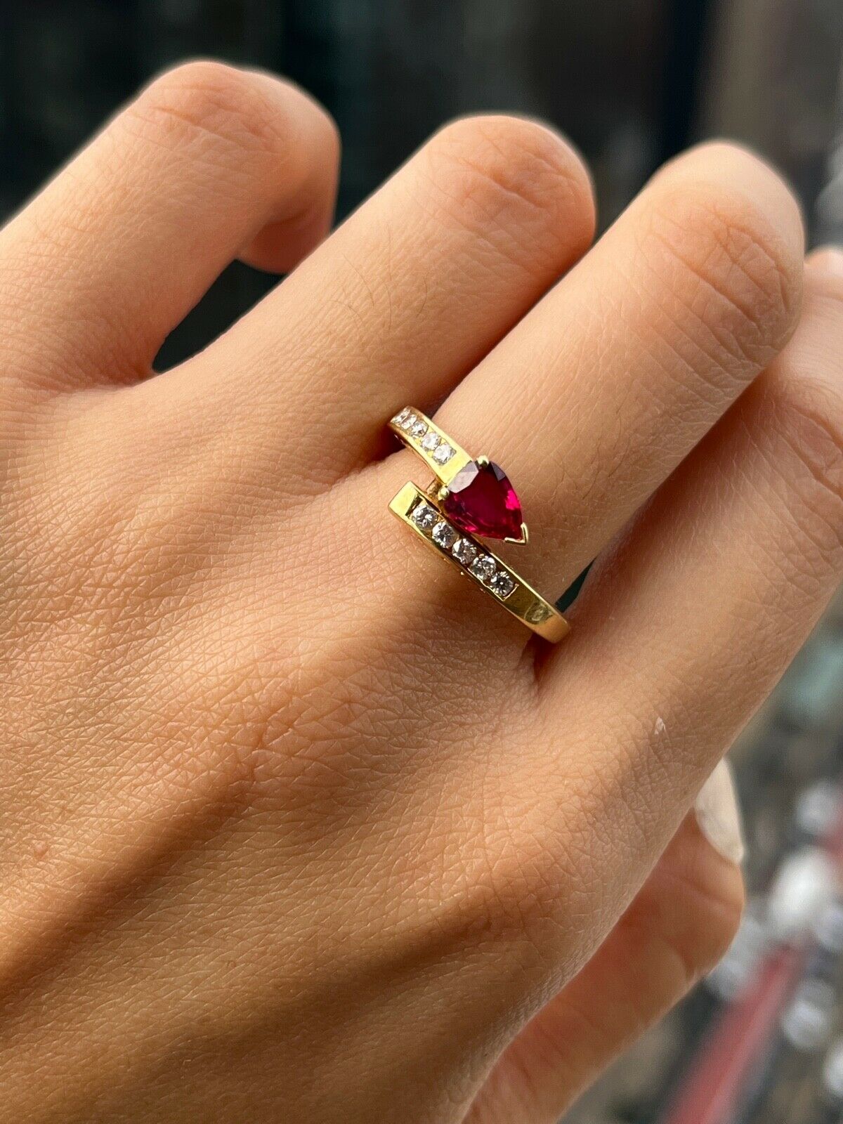 Vintage 18K Yellow Gold Bypass Snake Ruby and Diamond Ring Stacking Ring.