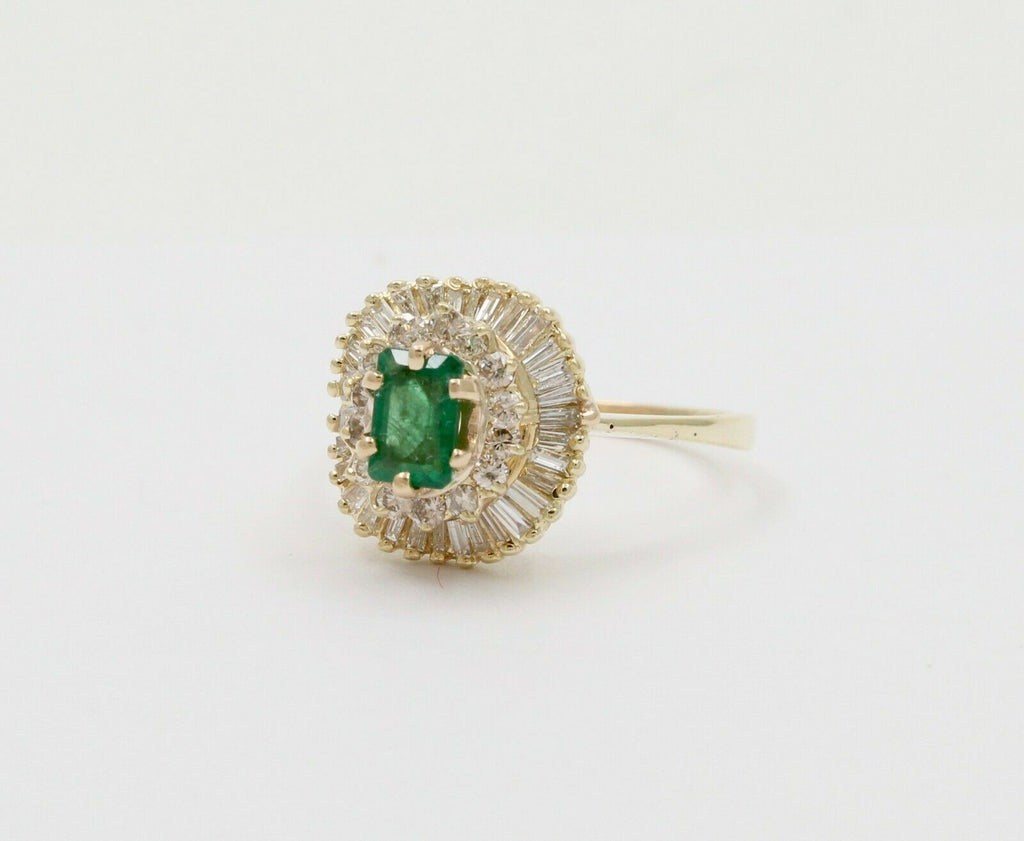 Vintage Emerald Ring Ballerina Damond 14K Yellow Gold Ring, Engagement Ring,