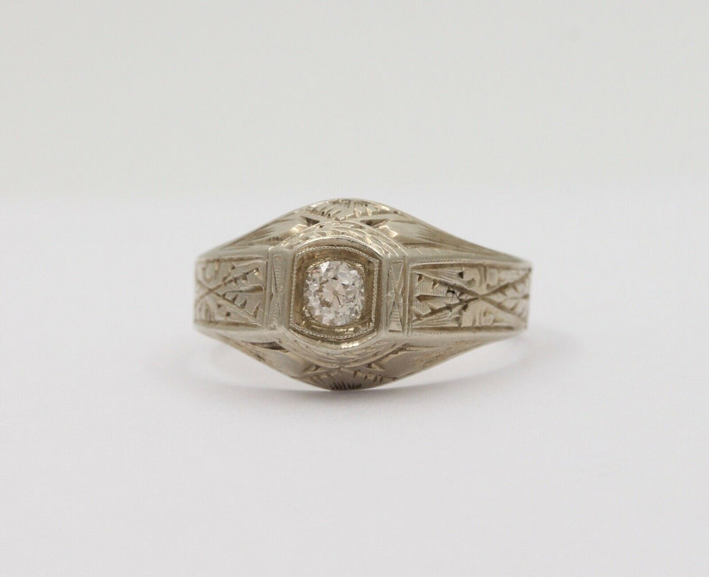 Art Deco Diamond 18K White Gold Ring Band, Engagement Ring