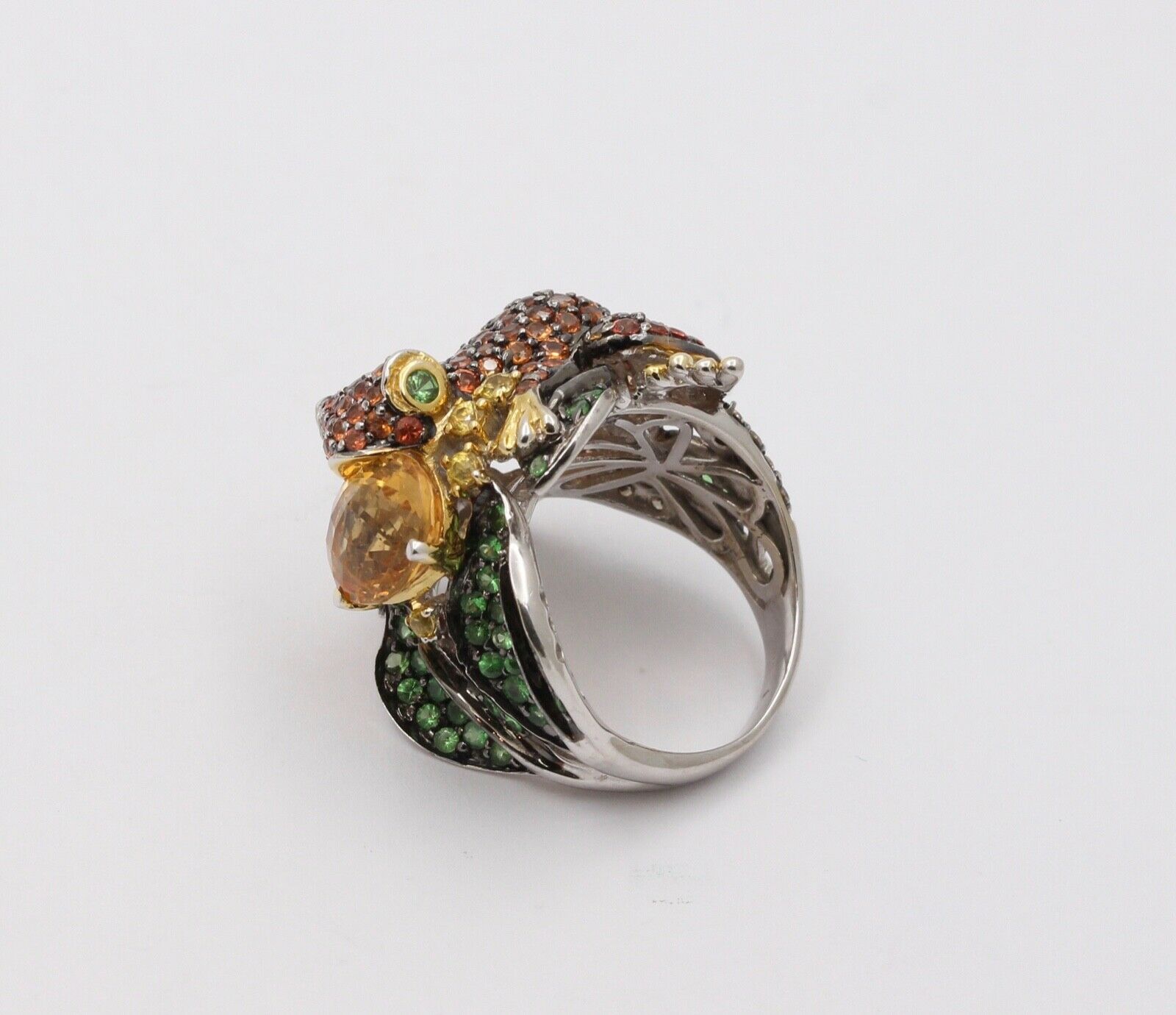 Vintage Frog Sapphires Citrine Tsavorite Diamonds14K White Yellow Gold Ring