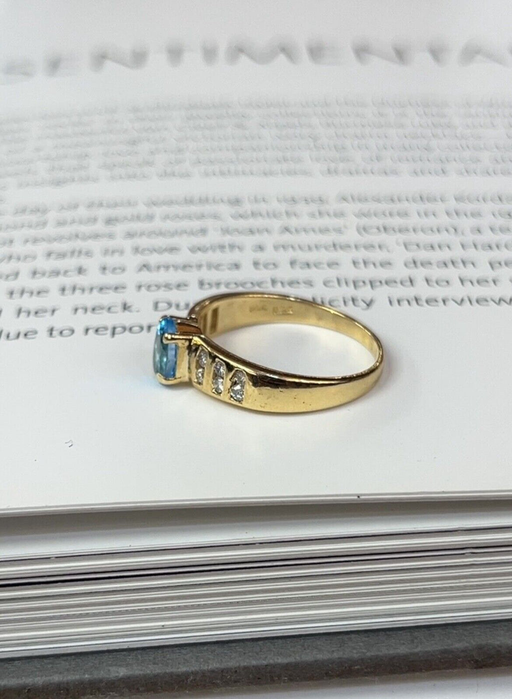 Vintage 14K Yellow Gold Blue Topaz & Diamond Ring, Engagement Ring