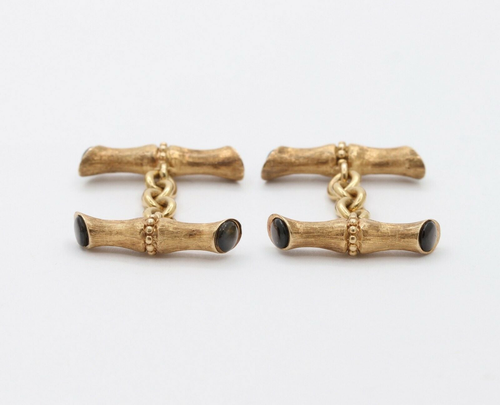 Vintage 14K Yellow Gold  Bamboo Black Star Sapphires Cufflinks