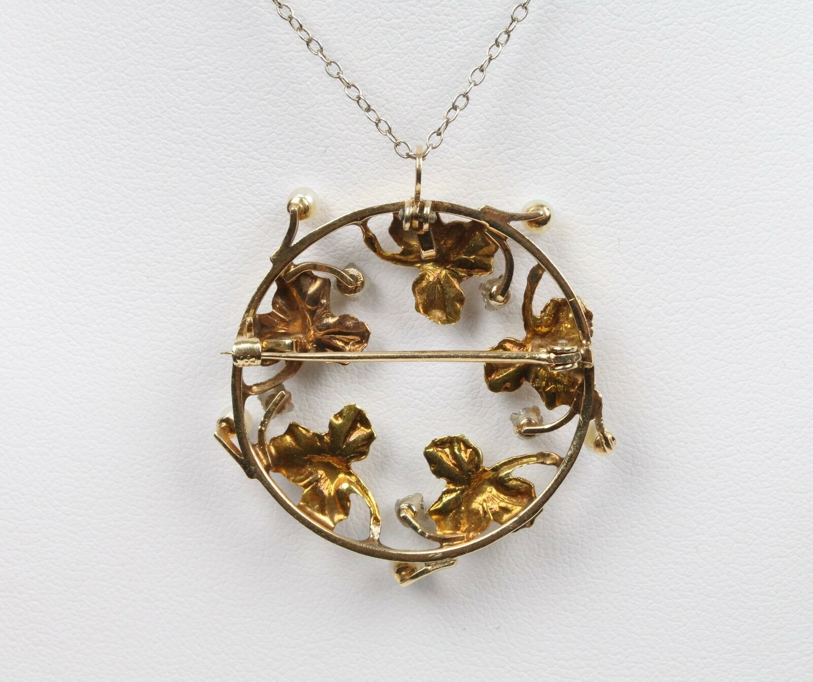 Art Nouveau 14K Yellow Gold Ivy Wreath Diamond & Pearl Pendant Brooch