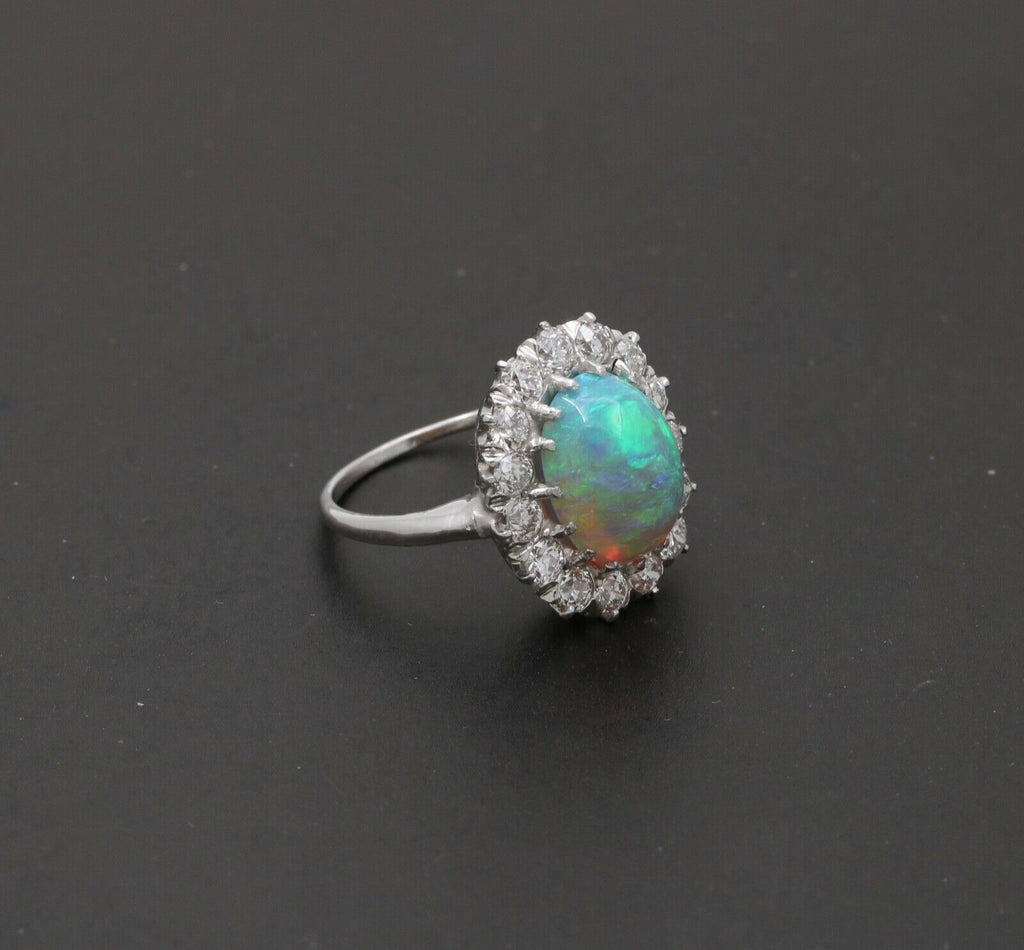 Art Deco Platinum Australia Opal & Old Mine Cut Diamond Halo Engagement Ring