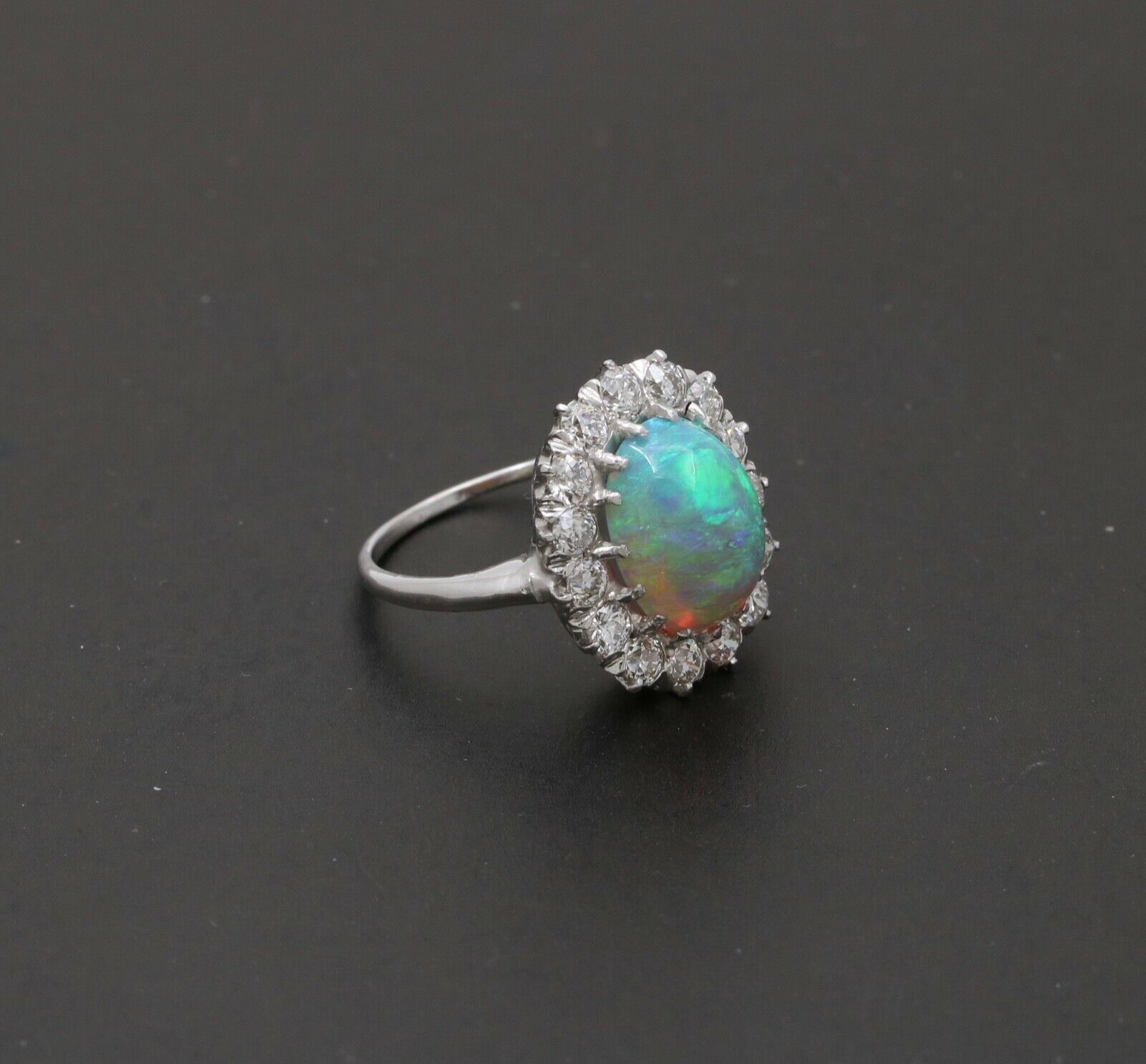 Art Deco Platinum Australia Opal & Old Mine Cut Diamond Halo Engagement Ring