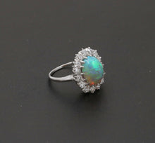 Load image into Gallery viewer, Art Deco Platinum Australia Opal &amp; Old Mine Cut Diamond Halo Engagement Ring
