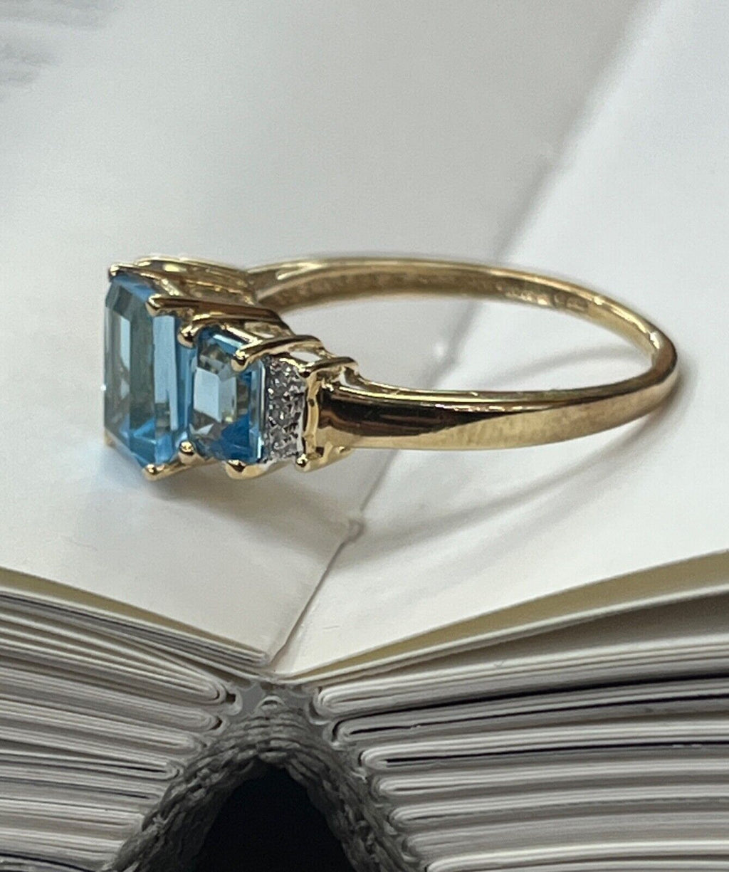 Vintage Blue Topaz & Diamond 10K Yellow Gold Birthstone Ring, Engagement Ring.