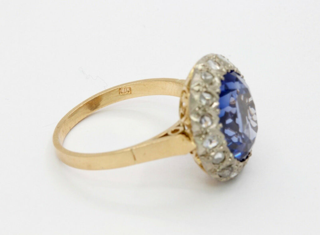 Victorian 18K Yellow Gold Rose Cut Diamond Sapphire Cocktail Ring