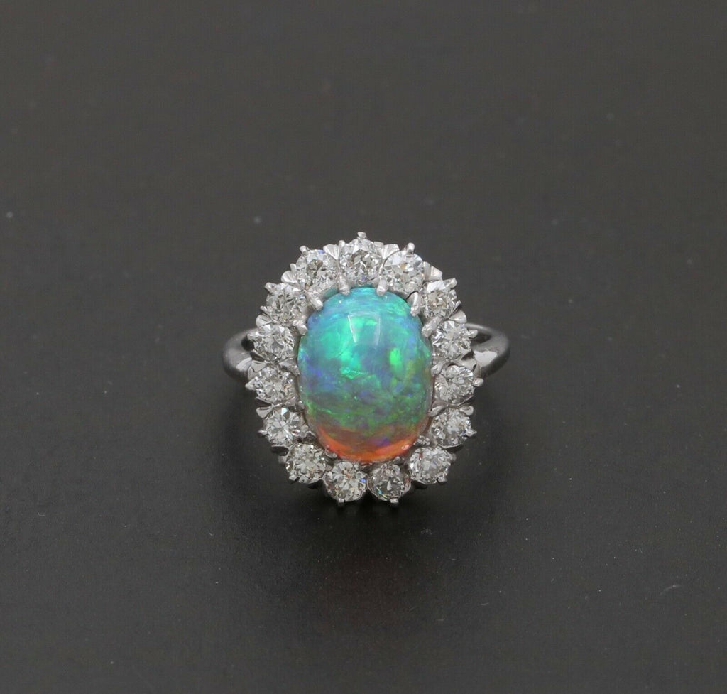 Art Deco Platinum Australia Opal & Old Mine Cut Diamond Halo Engagement Ring