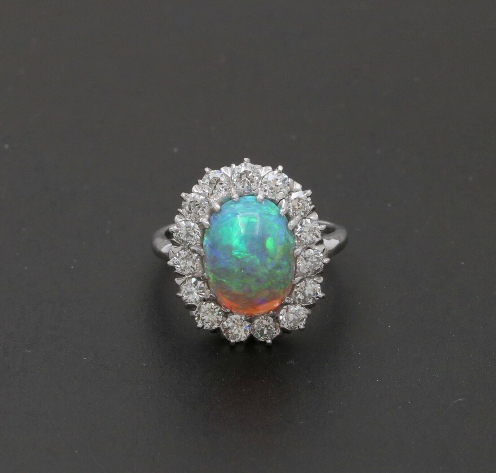 Art Deco Platinum Australia Opal & Old Mine Cut Diamond Halo Engagement Ring