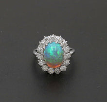 Load image into Gallery viewer, Art Deco Platinum Australia Opal &amp; Old Mine Cut Diamond Halo Engagement Ring
