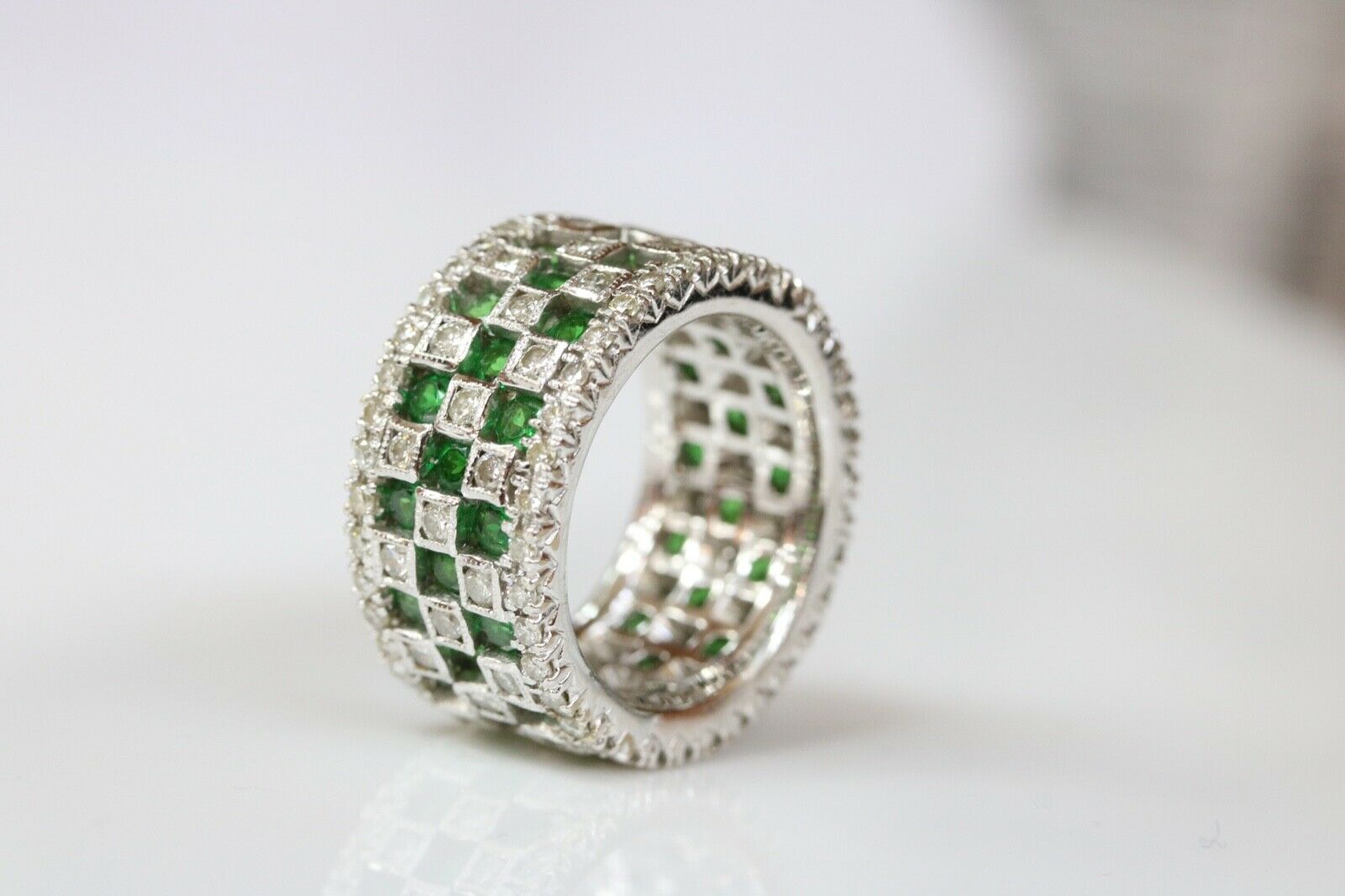 Vintage Checkerboard Tsavorite Garnet and Diamond 18K White Gold Ring