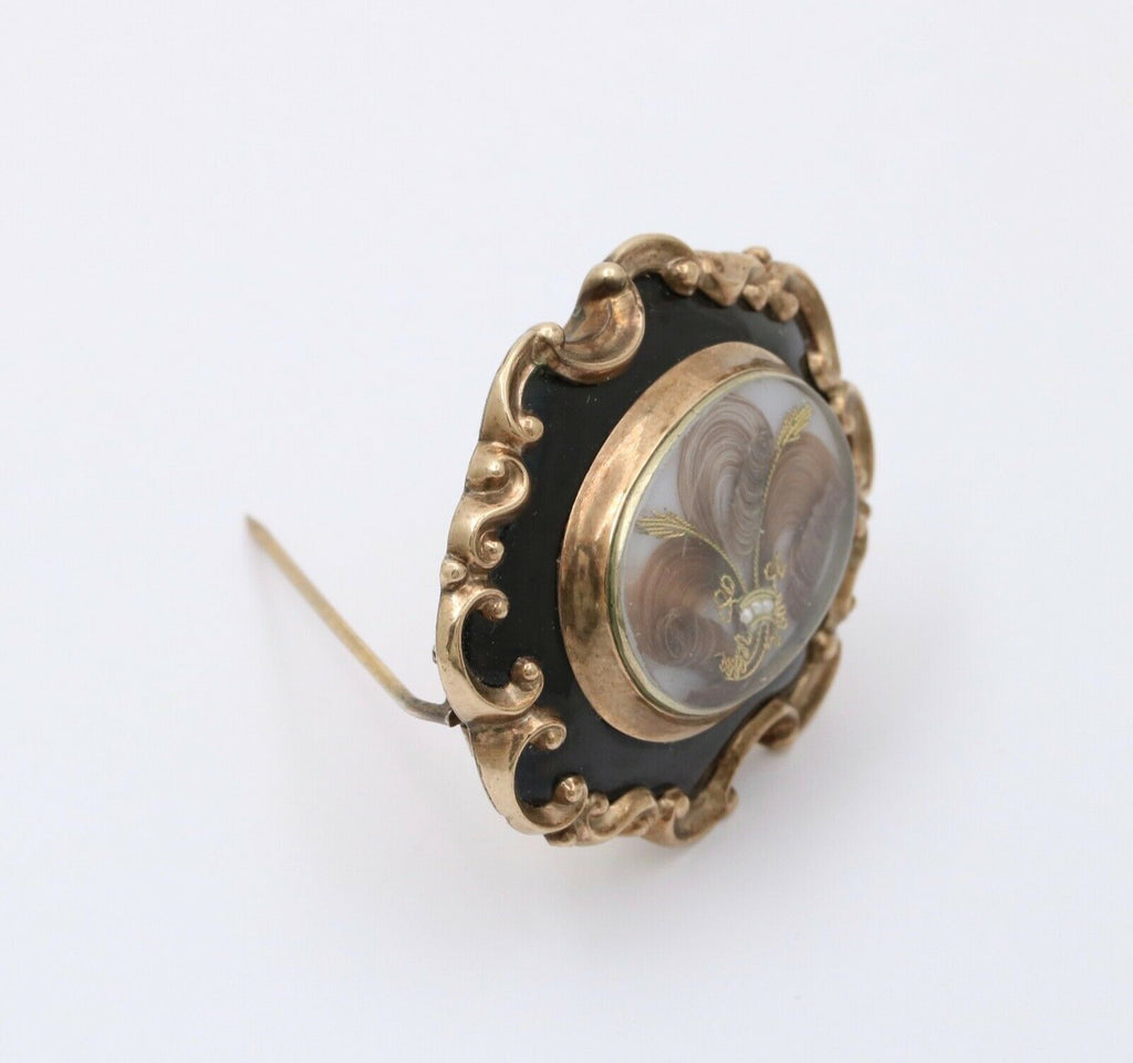 Victorian Memento Mori Hair 10K Enamel Brooch Pendant