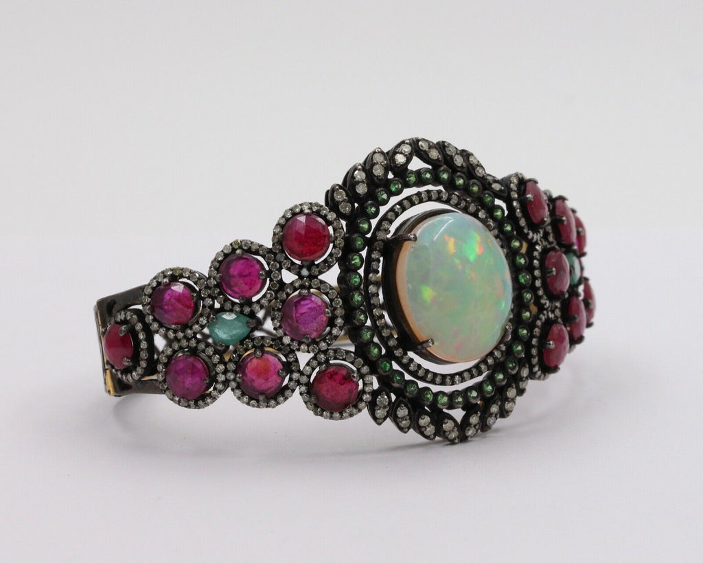 Victorian Revival Opal Rubies Emeralds Tsavorite Diamonds 14K Gold 925 Bangle