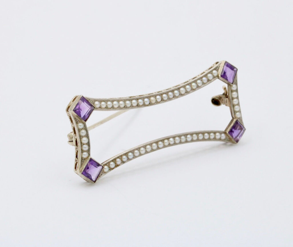 Antique Art Deco Amethyst & Split Pearl 14K White Gold Brooch, Pin