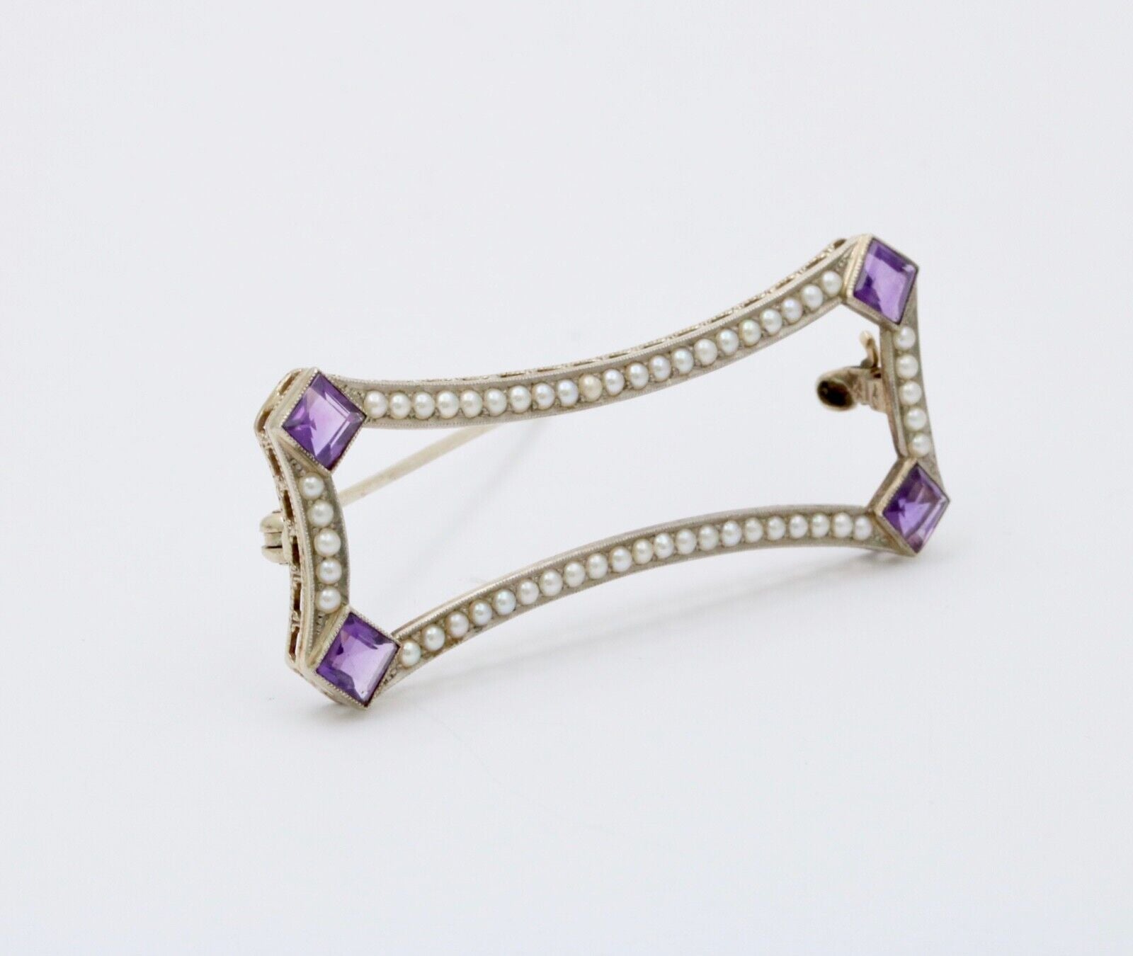 Antique Art Deco Amethyst & Split Pearl 14K White Gold Brooch, Pin