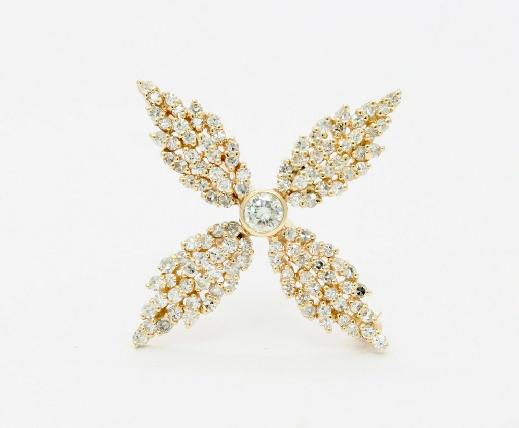 Vintage 14K Yellow Gold Four Leaf 6.50 Carat Diamond Brooch