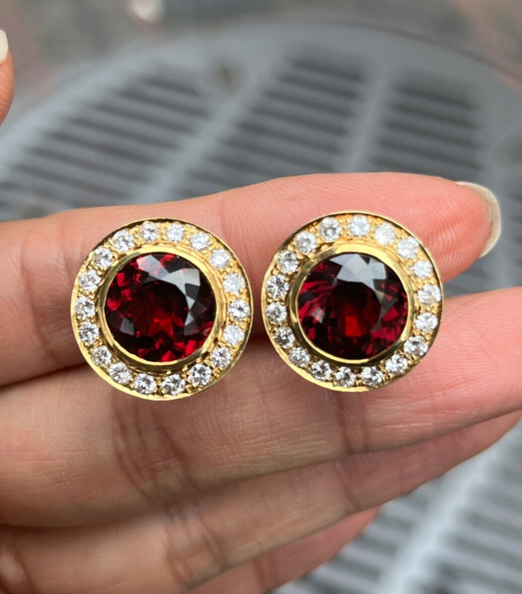 Vintage Rhodolite Garnet & Diamond Halo 18K Yellow Gold Earrings