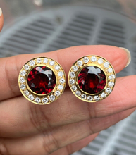 Load image into Gallery viewer, Vintage Rhodolite Garnet &amp; Diamond Halo 18K Yellow Gold Earrings
