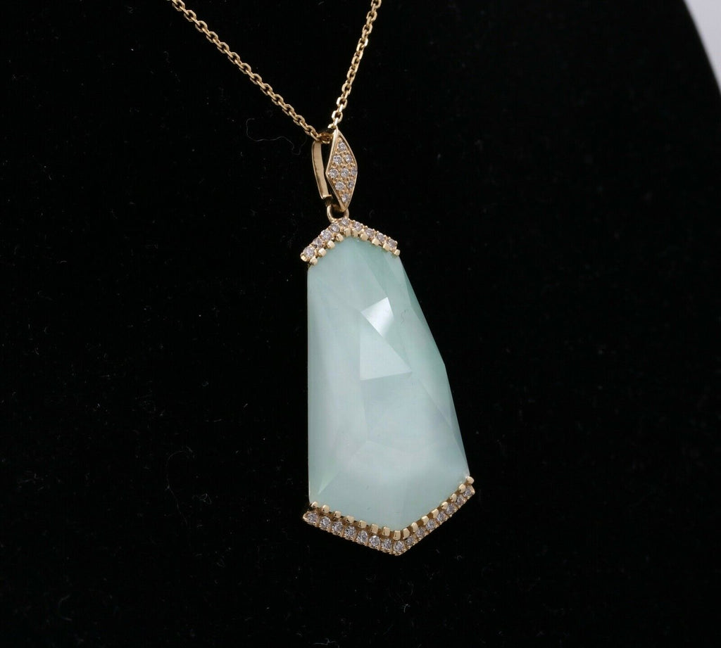 Minimalist 14K Yellow Gold Diamond Rock Crystal Fan Shape Crystal Haze Pendant Necklace