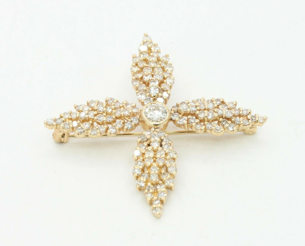 Vintage 14K Yellow Gold Four Leaf 6.50 Carat Diamond Brooch
