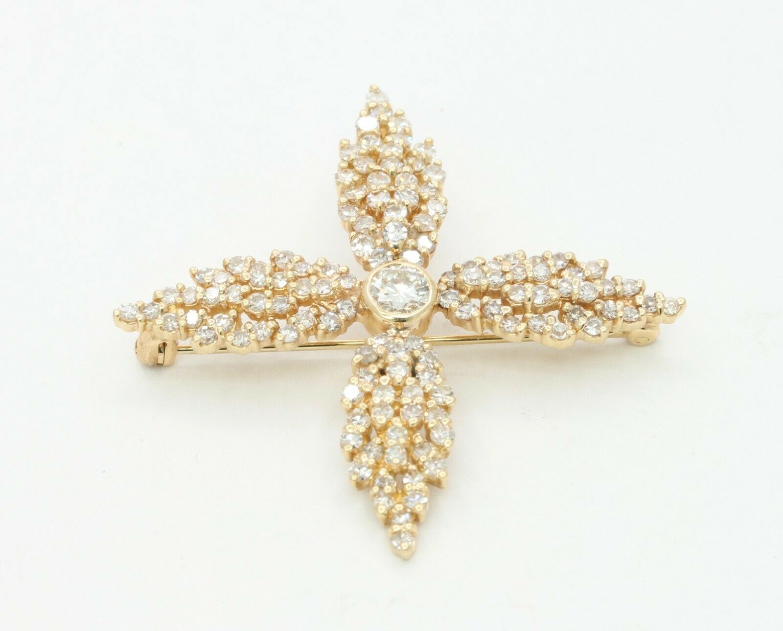 Vintage 14K Yellow Gold Four Leaf 6.50 Carat Diamond Brooch