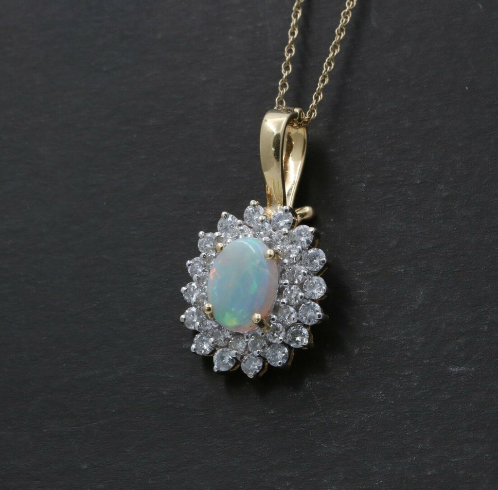 Vintage 14K Yellow Gold Australian Opal & Diamond Halo Pendant, Necklace.