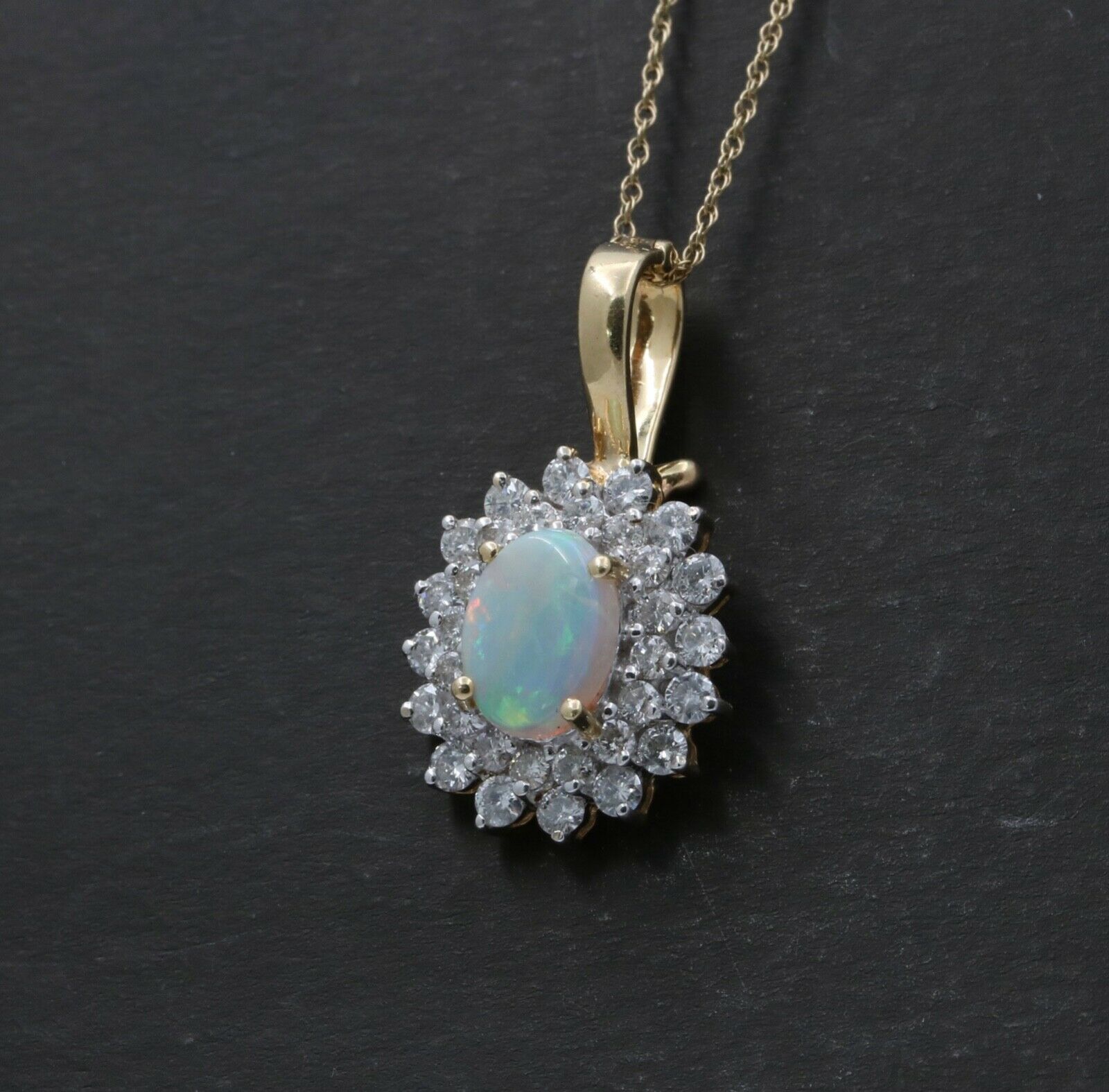 Vintage 14K Yellow Gold Australian Opal & Diamond Halo Pendant, Necklace.