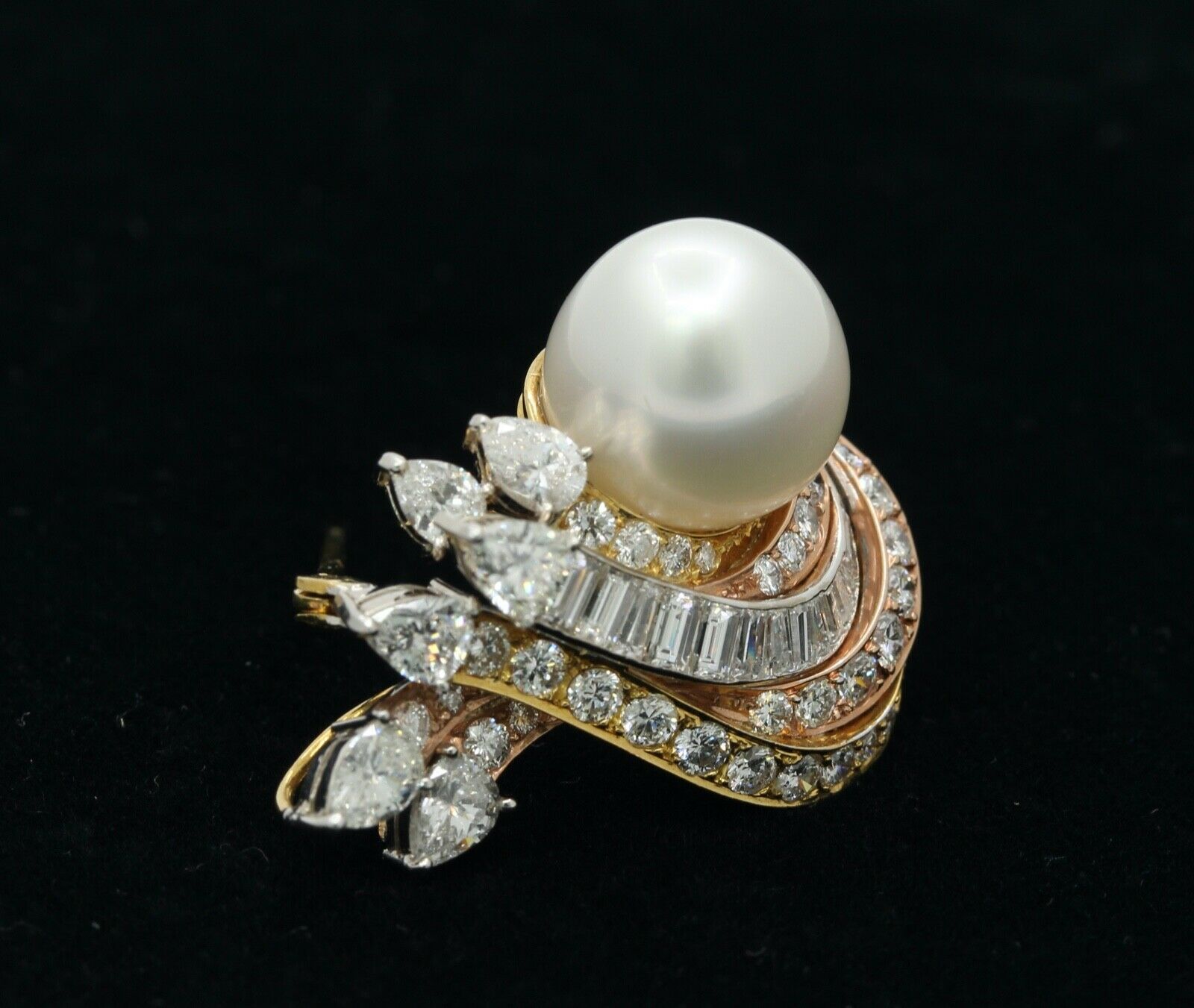 Vintage 14K Rose Yellow White Gold Diamonds 12.6MM Pearl Brooch Pin
