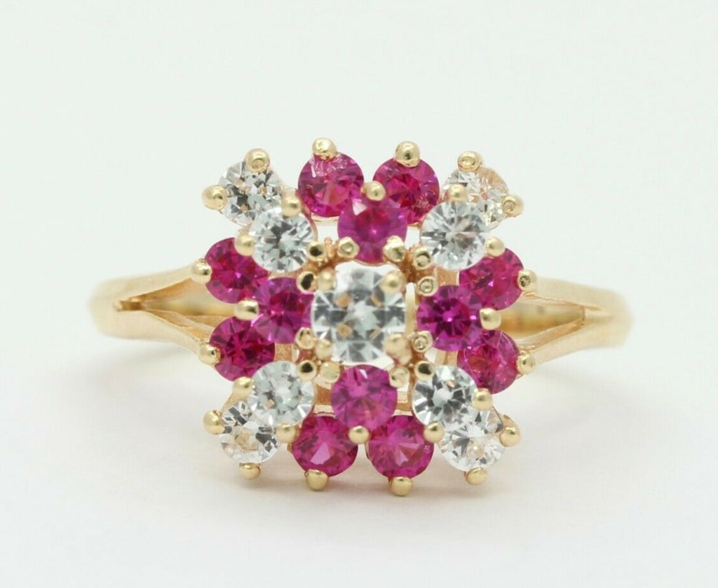 Cute 14K Yellow Gold Ruby CZ Cluster Ring