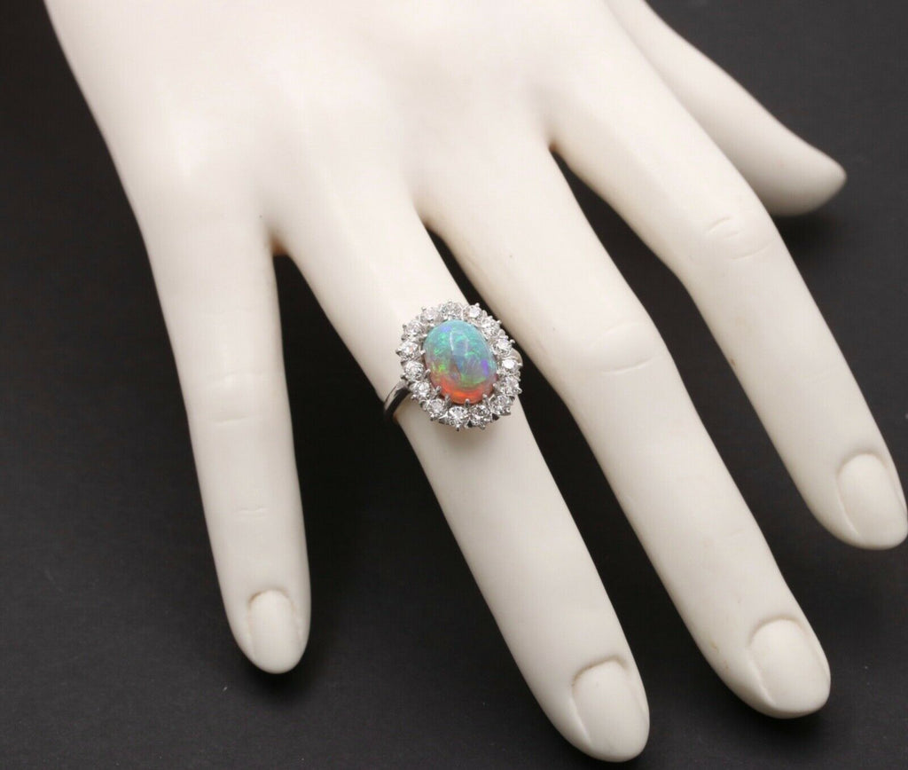 Art Deco Platinum Australia Opal & Old Mine Cut Diamond Halo Engagement Ring