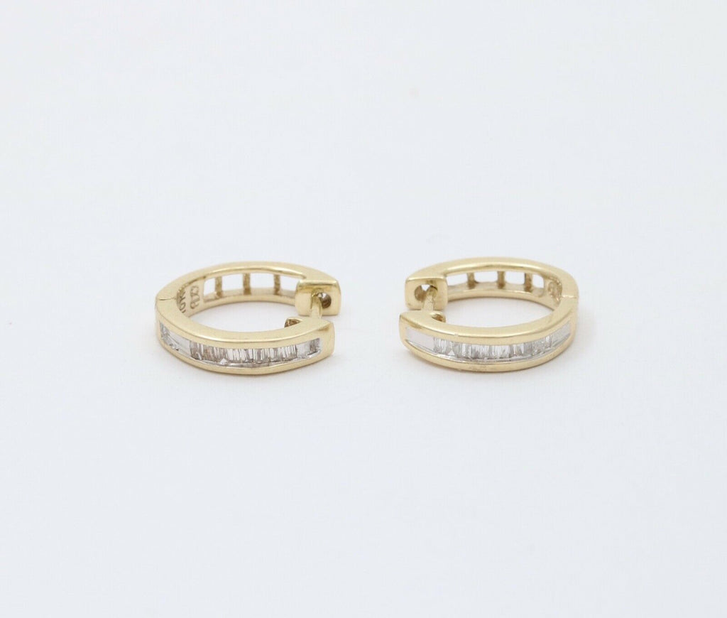Cute Vintage Huggie Baguette Diamonds 10K Yellow White Gold Earrings