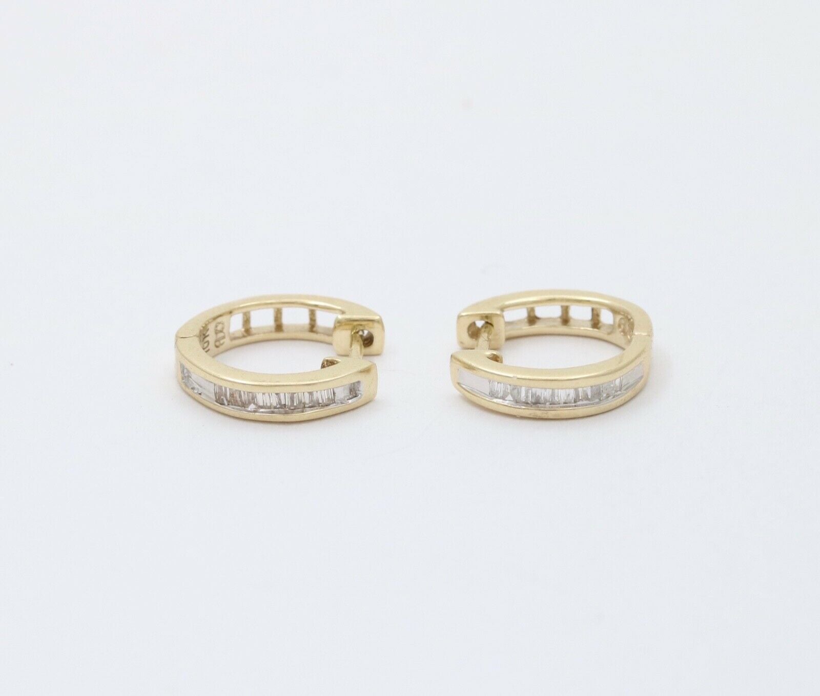 Cute Vintage Huggie Baguette Diamonds 10K Yellow White Gold Earrings