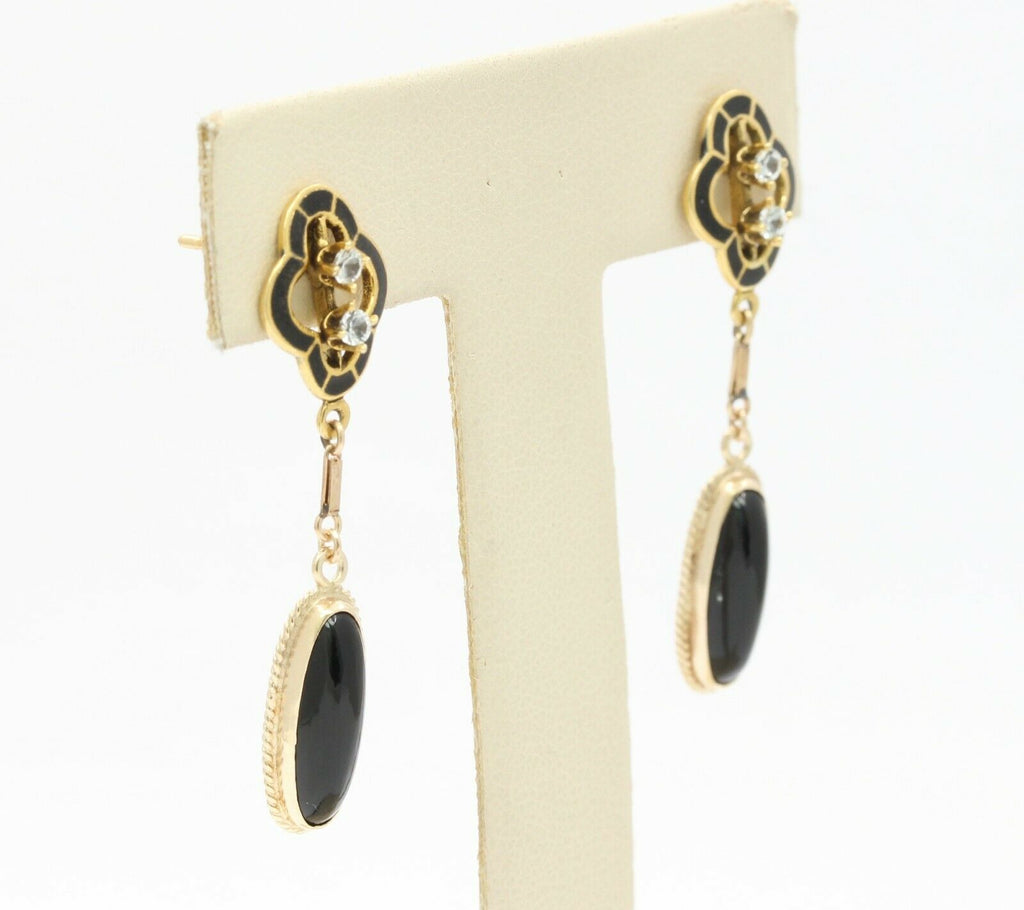 Vintage 14/18K Yellow Gold Enamel Onyx Diamond Hanging Earrings