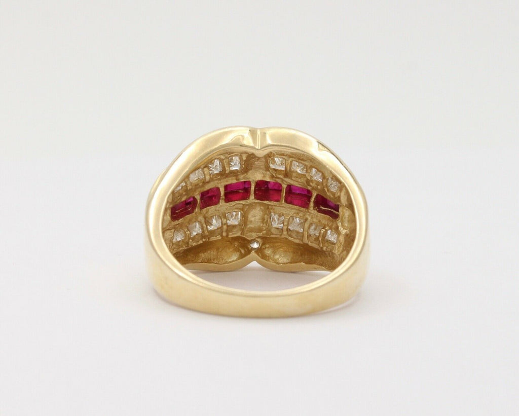 Vintage Chunky Table Cut Rubies Diamonds 14K Yellow Gold Ring