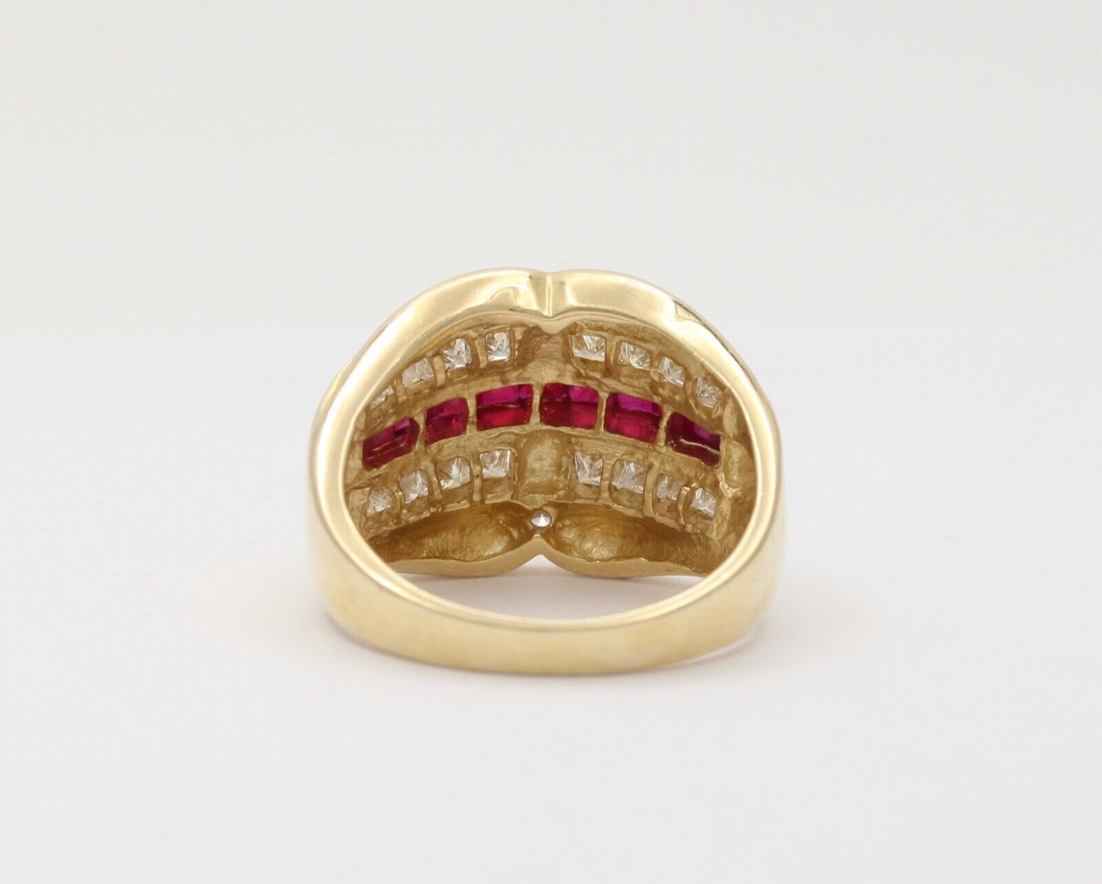 Vintage Chunky Table Cut Rubies Diamonds 14K Yellow Gold Ring